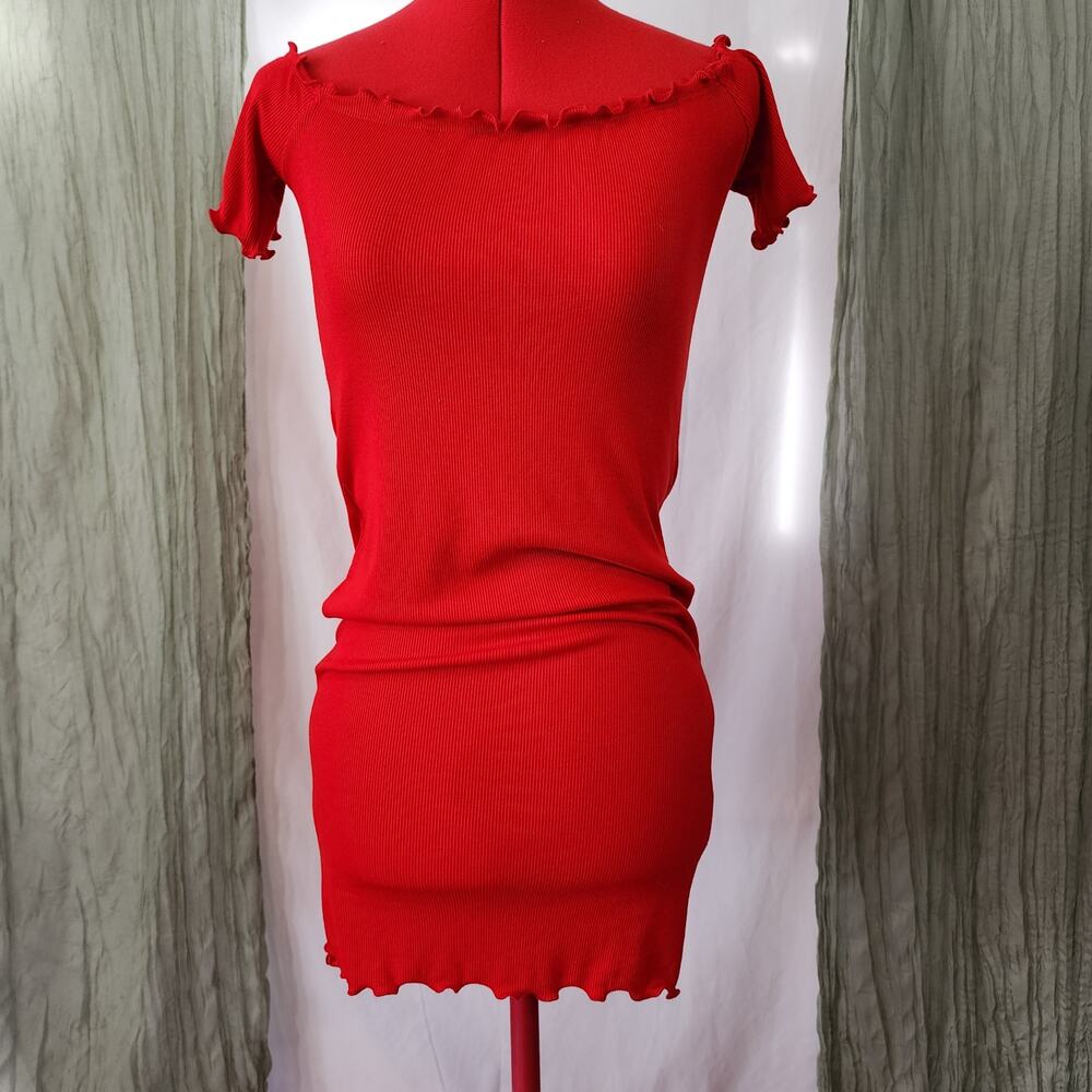 Fashion Nova Red Boat-Neck Short Sleeve Mini Short Bodycon Stretch Dress Size L